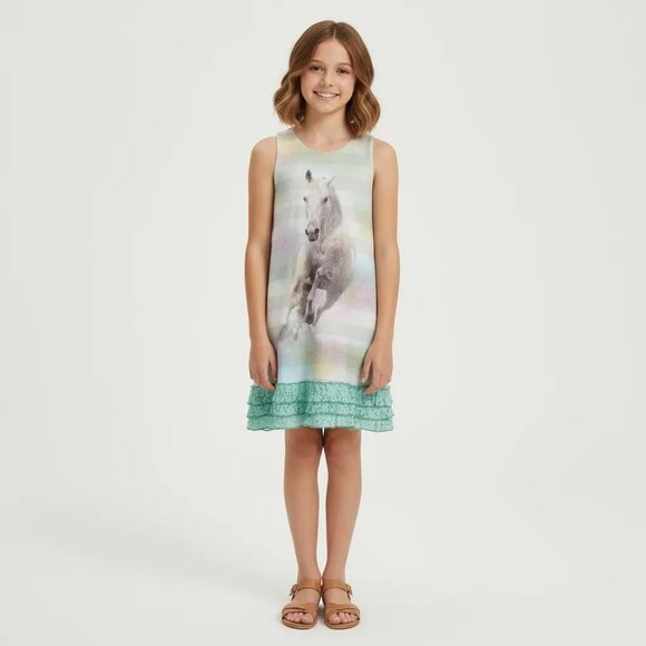 Ella & Lulu Kids Girls Glitter Stripes Horse Layered Lace Hem Tank Dress Size 10 - Picture 1 of 11